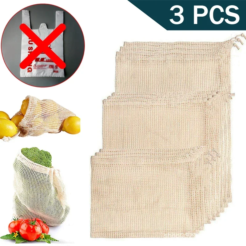 3pcs Reusable Cotton Vegetable Bag Eco Mesh Produce Bags for Vegetable Fruit Kitchen Washable Grid Storage Bag With Drawstring