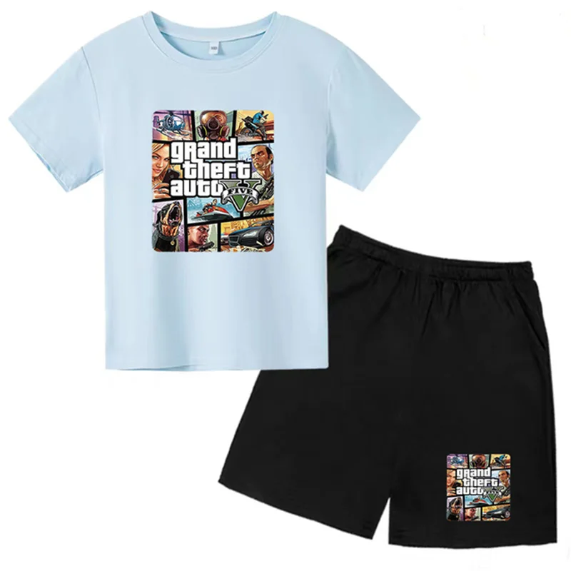 Grand Theft Auto GTA 5 conjunto de manga corta para niños y niñas, camiseta de cuello redondo y pantalones cortos, ropa de moda de algodón de ocio