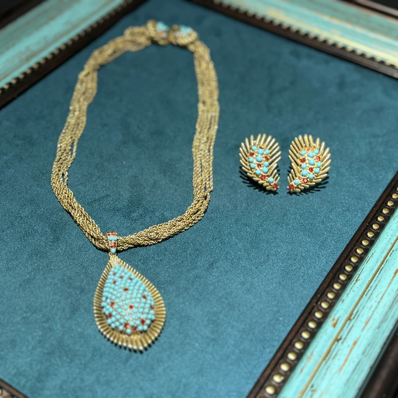 

Vintage Pendant Jewelry Set Turquoise Necklace Natural Beads Antique Gold Color Peacock Feather Long Layered Chain Bohemia 2025