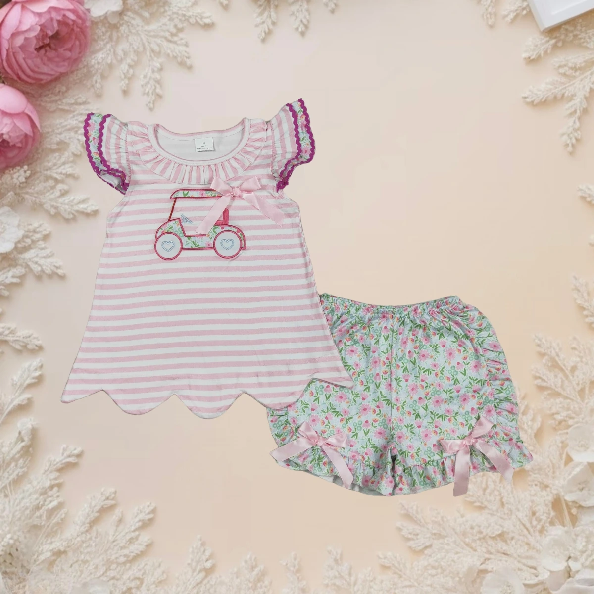 

Baby Girls Set Summer Children Clothing Sets Floral Shorts Bow Golf Truck Flutter Sleeve T-Shirt Kids Clothes Sweet Cute Outfits