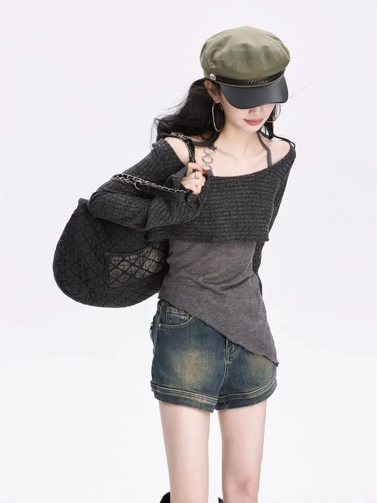 Sexy Slim Fit Irregular Bottoming Camisole Vest+ Long Sleeve Loose All-match Knitted Tops Women 2024 New Two Piece Sets