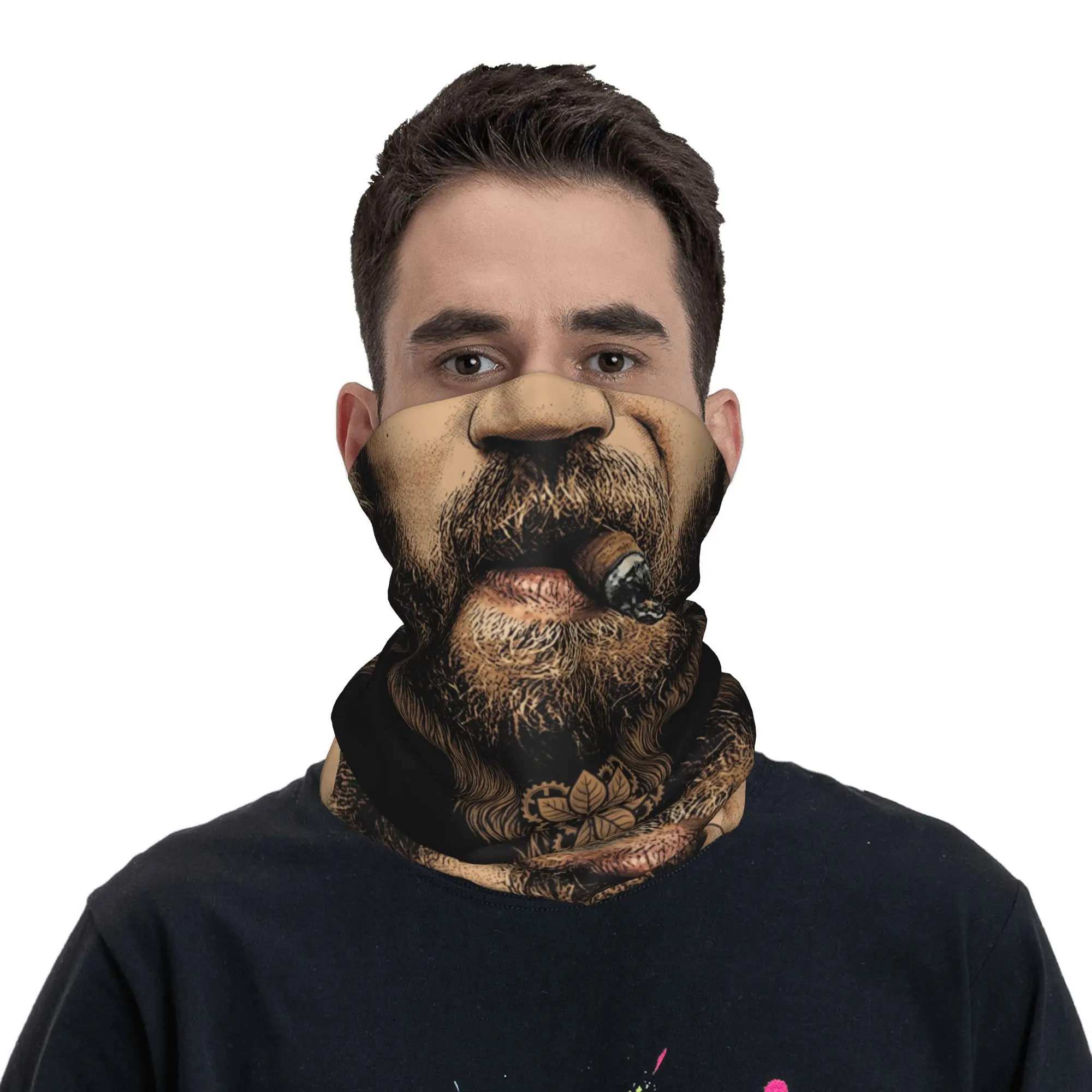 Customization Bearded For Man Smoking Big Cigar 2D Flat Printing Bandana Neck Cover Printed Face Scarf Multi-use Cycling Unisex