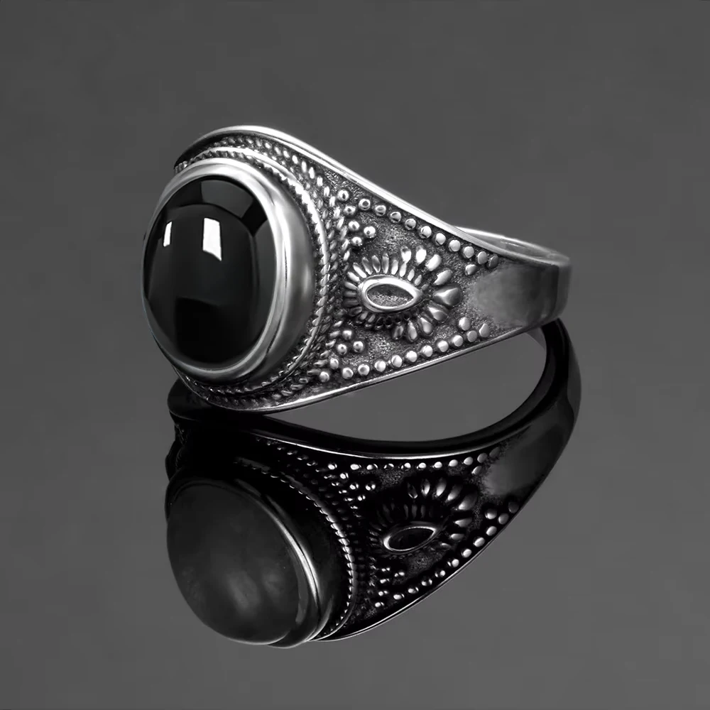 

Vintage 925 sterling silver black onyx ring with Various natural stones 8X10mm Oval shape Retro fine jewelry rings for women men