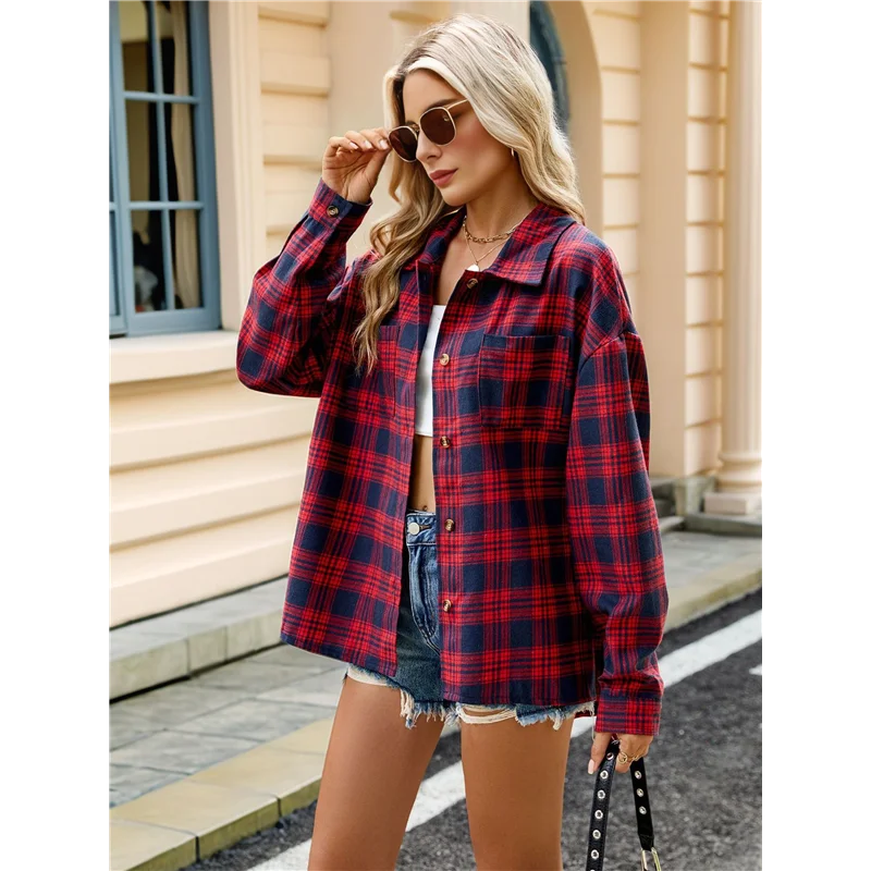 AG-Womens Button Down Flannel Shirts Long Sleeve Plaid Shackets Business Casual Blouse Top