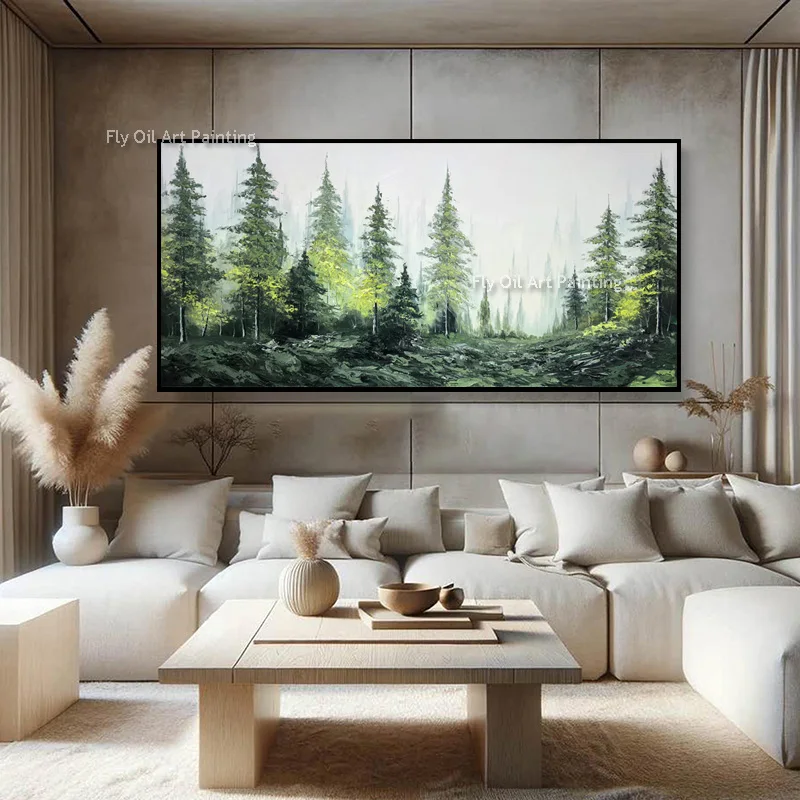 Pure Handmade Misty Forest Landscape Canvas Art Thick Texture Pine Tree Oil Painting Modern Natural Scenery Wall Decoration