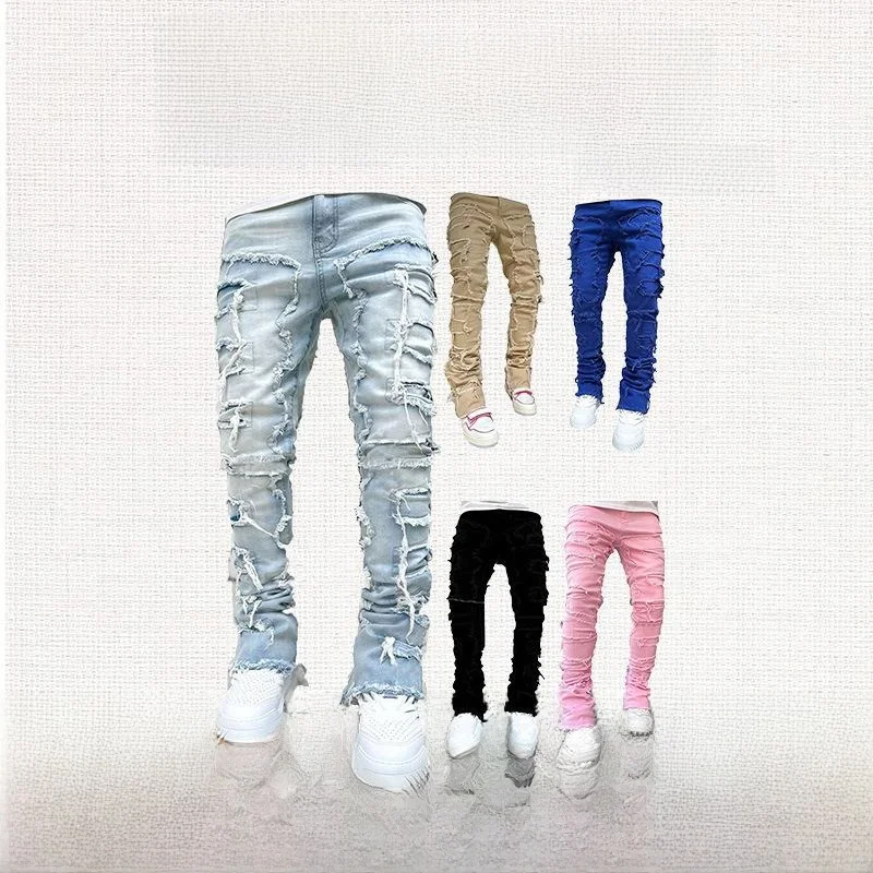 

Men's Elastic Tassel Patch Denim Straight Leg Casual Pants mid Waist Zipper Fly Street Sle Jeans Non-Sinking