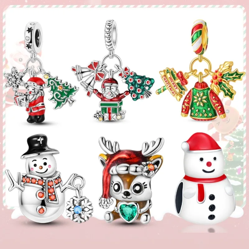 2025 New 925 Silver Christmas Tree Elk Snowman Charms Fit Pan Original Bracelets Beads DIY Party Woman Jewelry Festival Gift