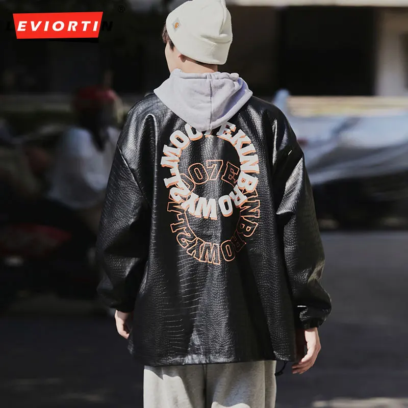 

Men's Pu Leather Jacket 2024 Harajuku Retro Motorcycle Loose Couple Coat Letter Print Lapel Bomber Outwear Y2k Streetwear