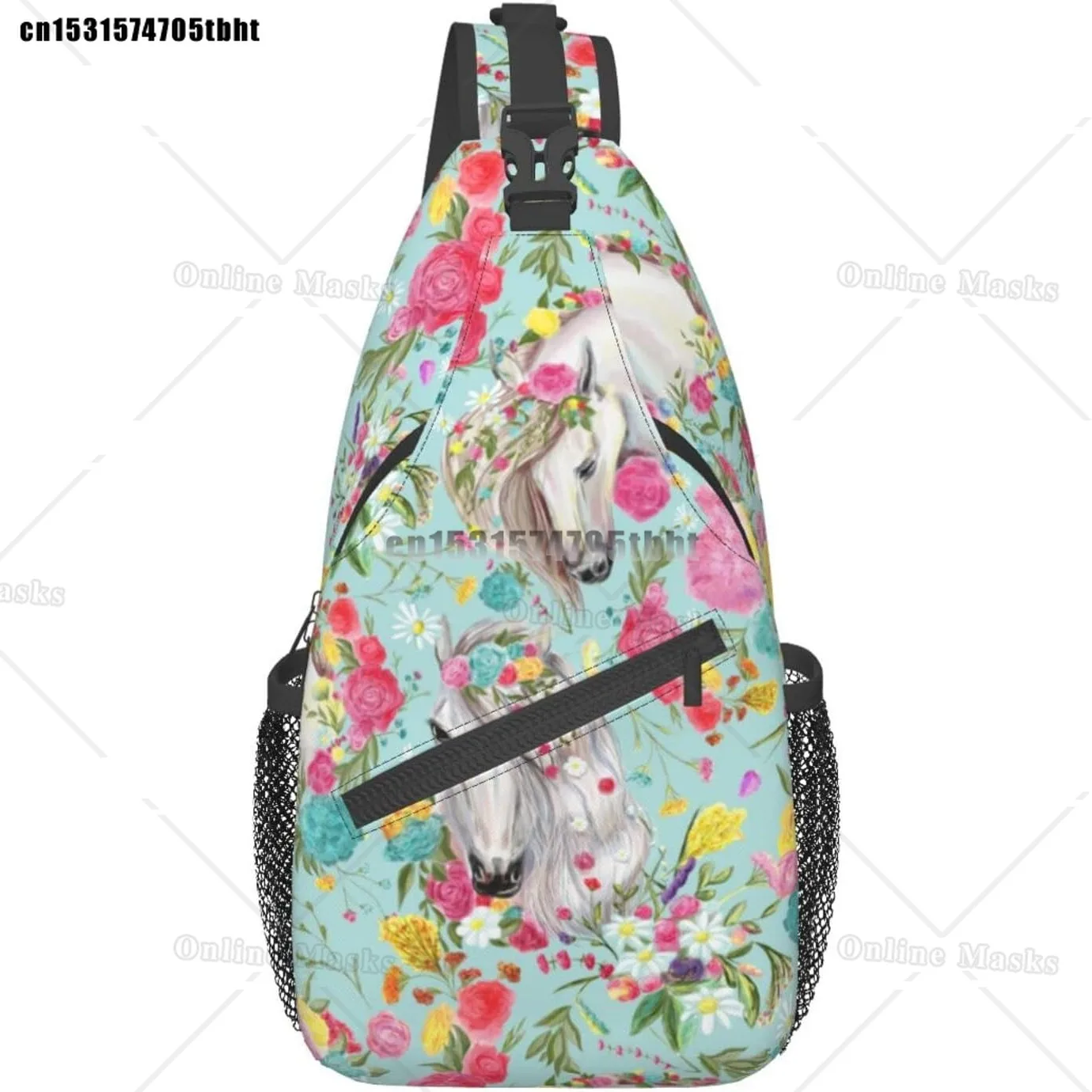 

Vintage Hand Drawn Watercolor Horse with Rose Flowers Chest Bag Adjustable Casual Sling Shoulder Backpack Travel Hiking Daypack