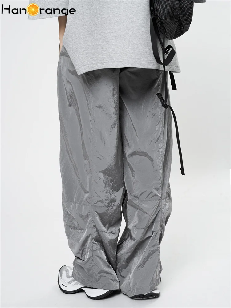 HanOrange 2026 Spring Nylon Folded Elastic Waist Pants Women Smooth Comfortable 3D Trousers Moss Green/Silver Gray