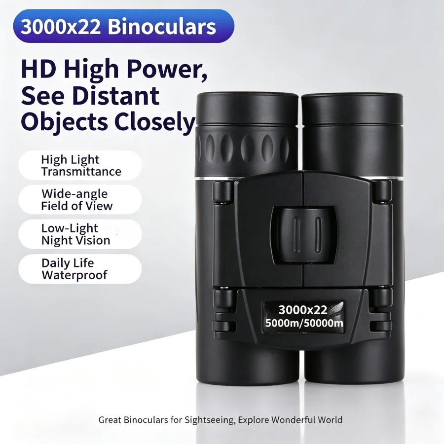 HD 3000-22 High-Power Mini Folding Binoculars Telescope, Long-Range Low-Light Level Portable Optics for Camping Travel