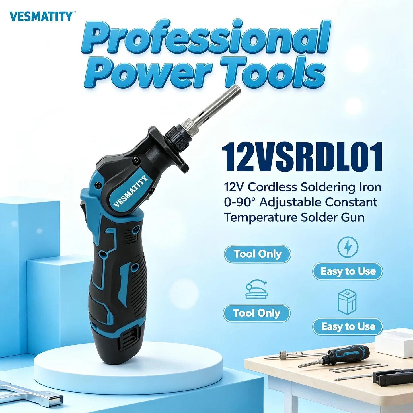 Vesmatity 12V Lithium Soldering Iron – 0-90° Adjustable Constant Temp Solder Gun for Makita 18V/20V Battery, Pro Cordless Welder