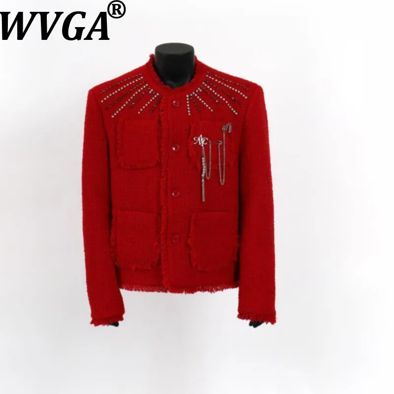 

Мужская легкая твидовая короткая куртка WVGA для весны и осени, новинка, нишевый шик, повседневный стиль, с металлическим декором, с подплечниками, без воротника, W21000