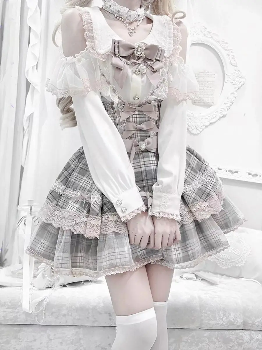 Japanese Sweet Lolita Two-piece Set Lace Off-the-shoulder Shirt High-waisted Lace Bow Mini-skirt Kawaii Harajuku Cosplay Suit