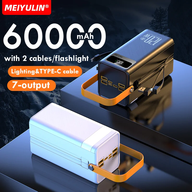 Portable Large Capacity 60000mAh Power Bank With Cable PD20W 22.5W Fast Charging USB C External Spare Battery For iPhone Xiaomi