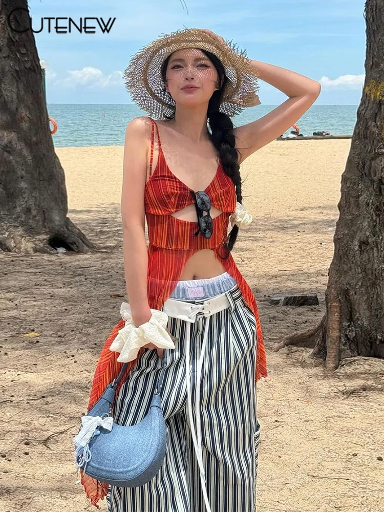 

Cutenew Printed Fashion Camis Women Summer Holiday Style Irregular Hollow Split Backless Low Neck Tops Girls Beach Vacation Wear