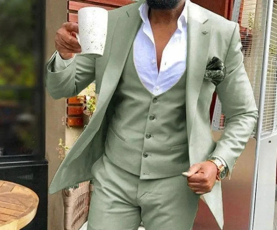 Light green Suits Men Suits 3 Pieces Wedding Wear Business Male Groom Wedding Dress Jacket Vest Pants Set Blazers Coat