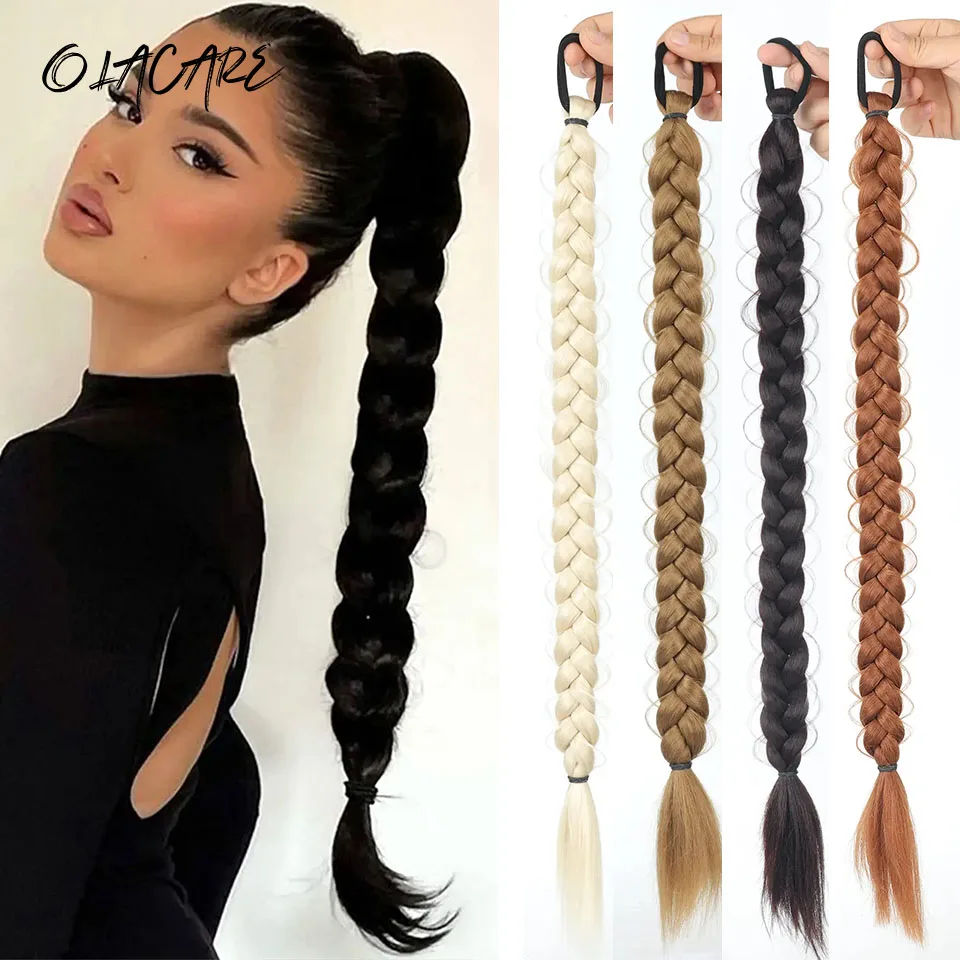 Synthetic Braided Ponytail Hair Extension With Rubber Band Boxing Braids For Women Hair Accessories 24Inch Long Black Braids