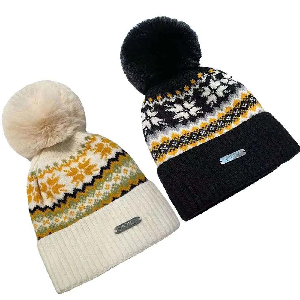 Soft Thicken Knitted Beanie Cap Pom Pom Decoration Windproof Winter Warm Hat Snowflake Pattern Warm Lining Casual Beanie