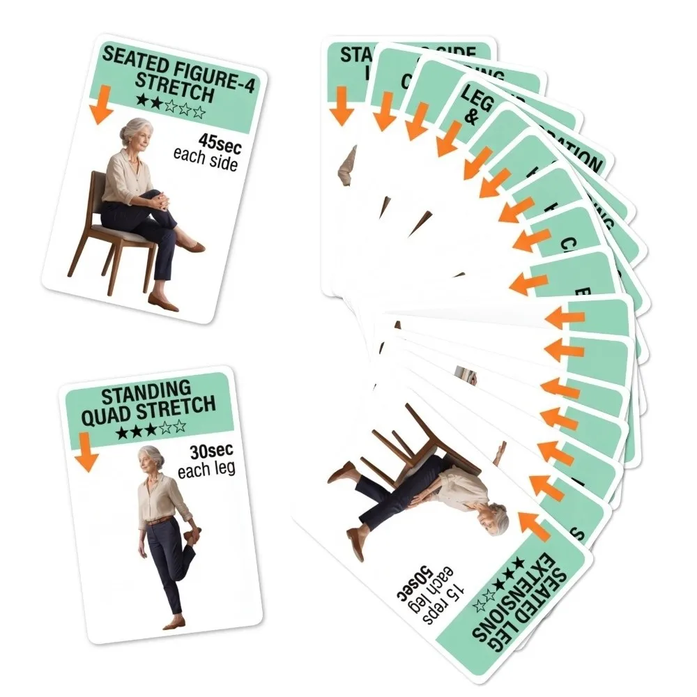 18Pcs Illustrated Step Move Guide Senior Standing Exercise Flashcards Safe Standing Poses Low-Impact Gentle Stretch Cards