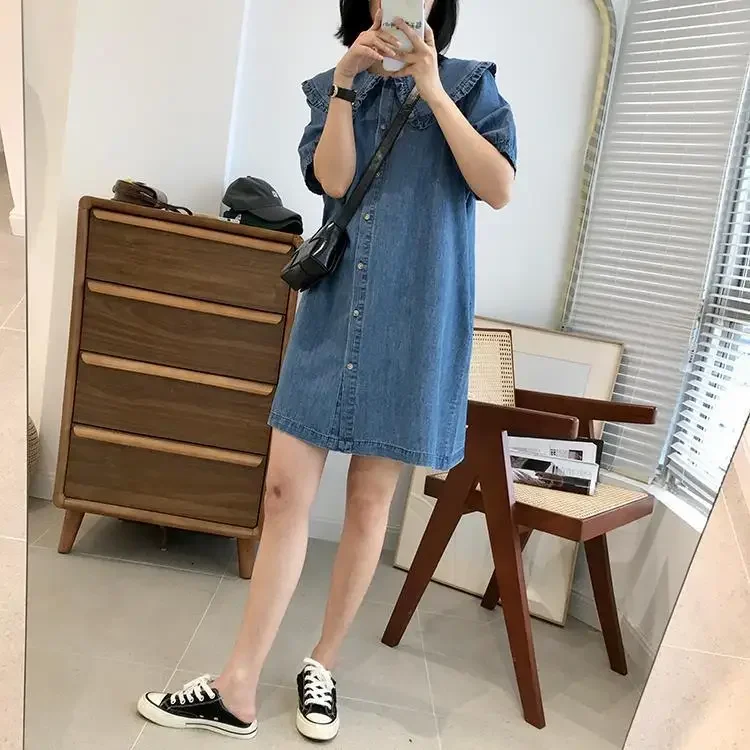 Gaun Denim kerah boneka musim panas dan semi gaya Korea gaun Midi lucu longgar lengan pendek E406