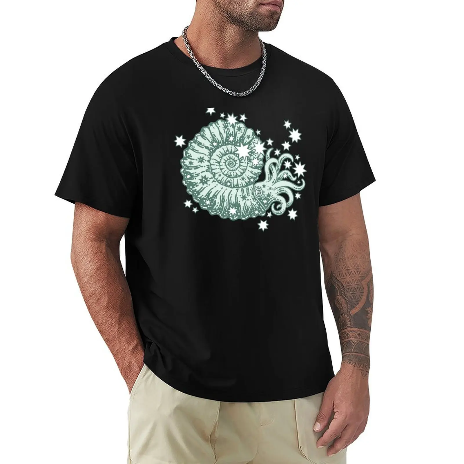 

The Starry Ammonite Aquamarine Palette Cosmic Prehistoric Life T-Shirt Holiday Party T-Shirt for Men