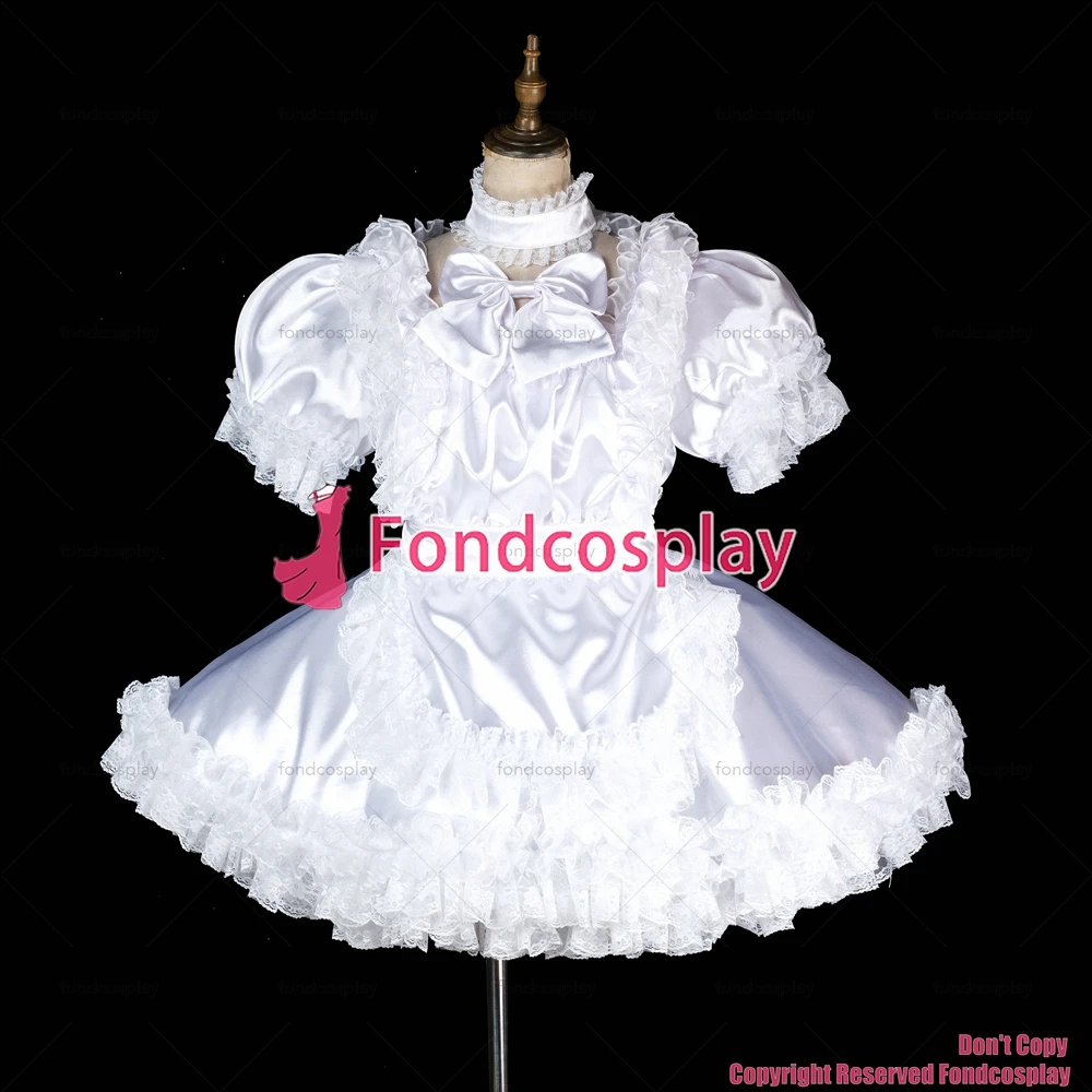 

fondcosplay adult sexy cross dressing sissy maid short lockable white Satin Uniform apron costume CD/TV[G1997]