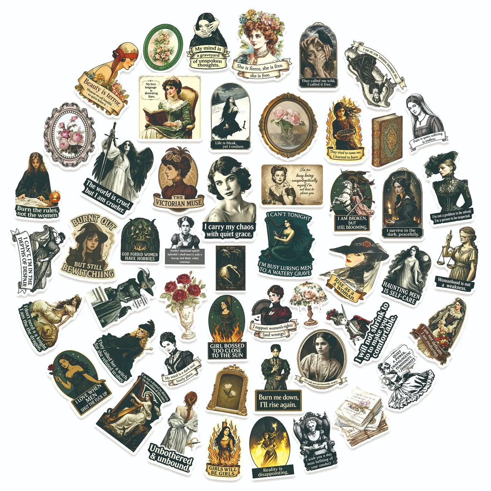 50Pcs Medieval Abstract Feminist Stickers Vintage Chic Women Artistic Decor Decorate Laptop Scrapbook Waterproof Decals