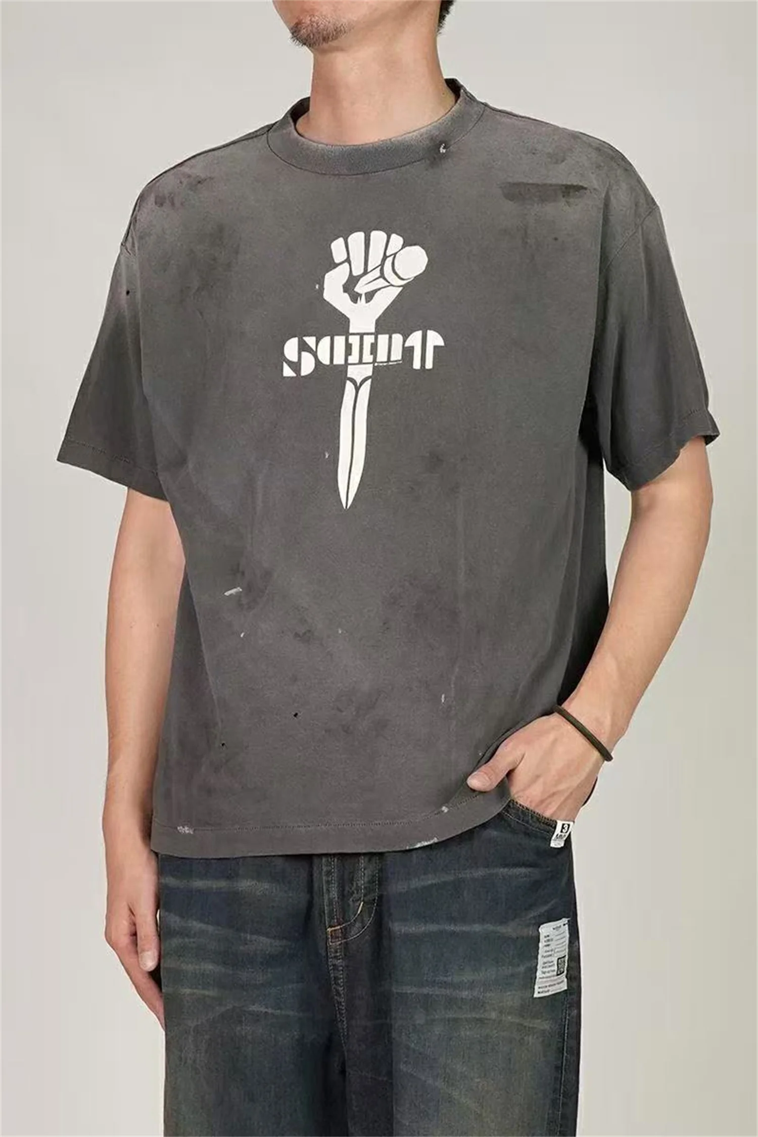 

VINTAGE SAINT OF MICHAEL SS25 GREY Riot Print High-Street Cotton Casual Loose Quality Tee T-Shirt Tops For Men