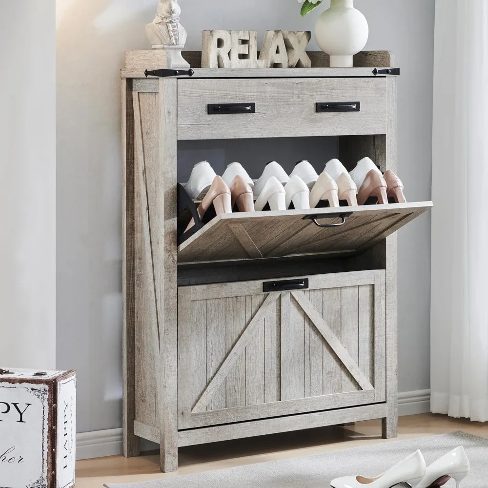 

Shoe Storage Cabinet with 2 Flip Drawers, Farmhouse Entryway Shoe Organizer with Drawer, Freestanding Rustic Hidden Shoe Rack C
