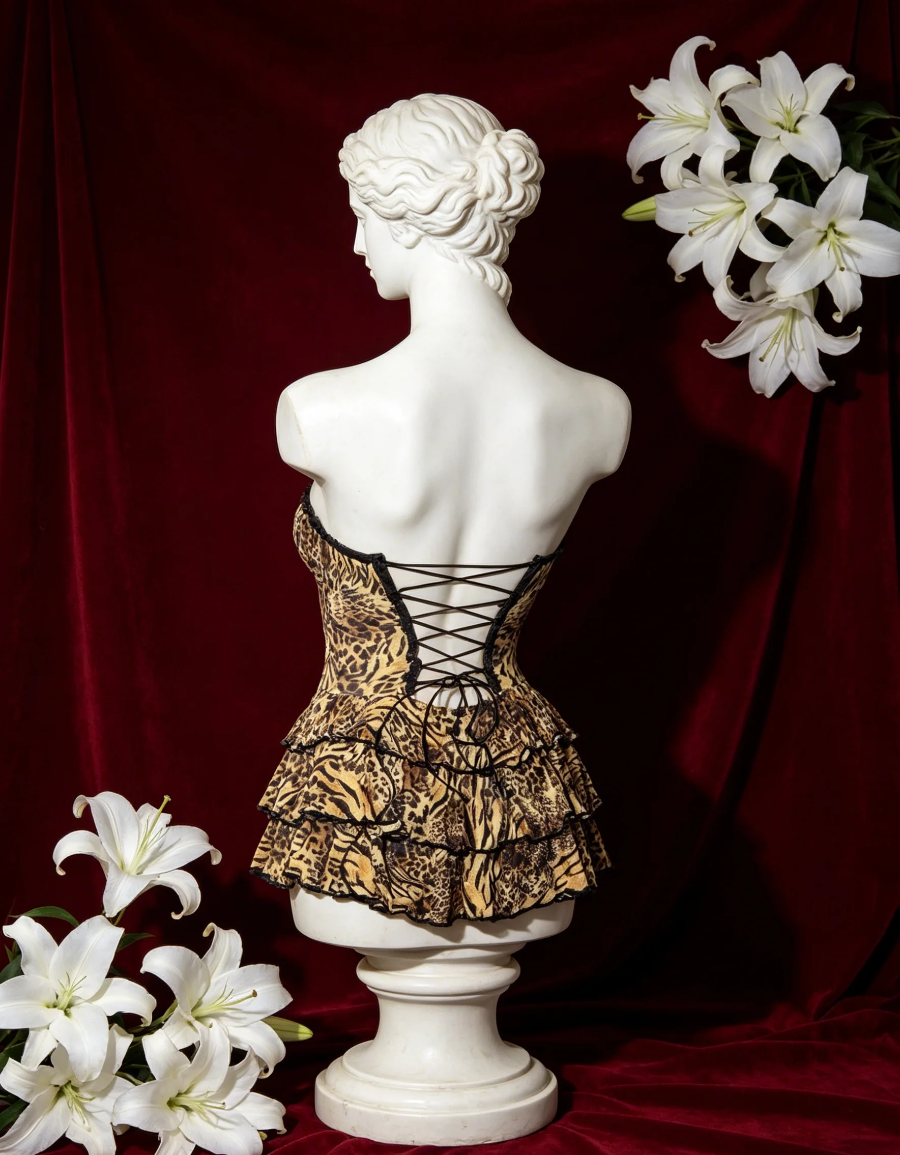 【 Fragments.SPECIAL LINK:THE MASCOT'SLITTLE GIFT.】 Luxe Leopard Corset Dress with Lace Trim Lace-Up and Tiered Skirt