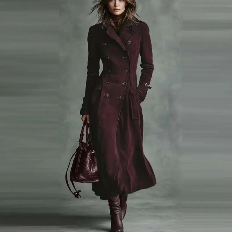 Chaquetas largas con bolsillos y cuello de solapa para mujer, abrigos elegantes con botones de terciopelo liso, abrigos cortavientos Vintage de manga larga