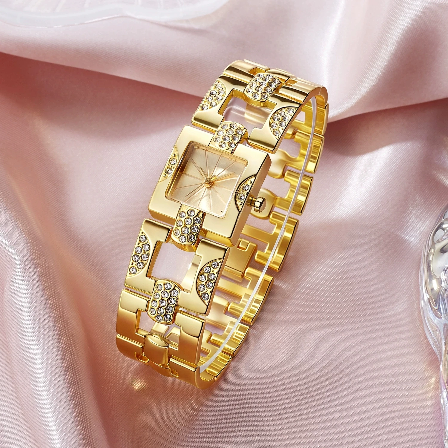 

Новые модные роскошные женские часы с кристаллами, квадратные, из нержавеющей стали, кварцевые, наручные, с браслетом, для женщин, Reloj Mujer