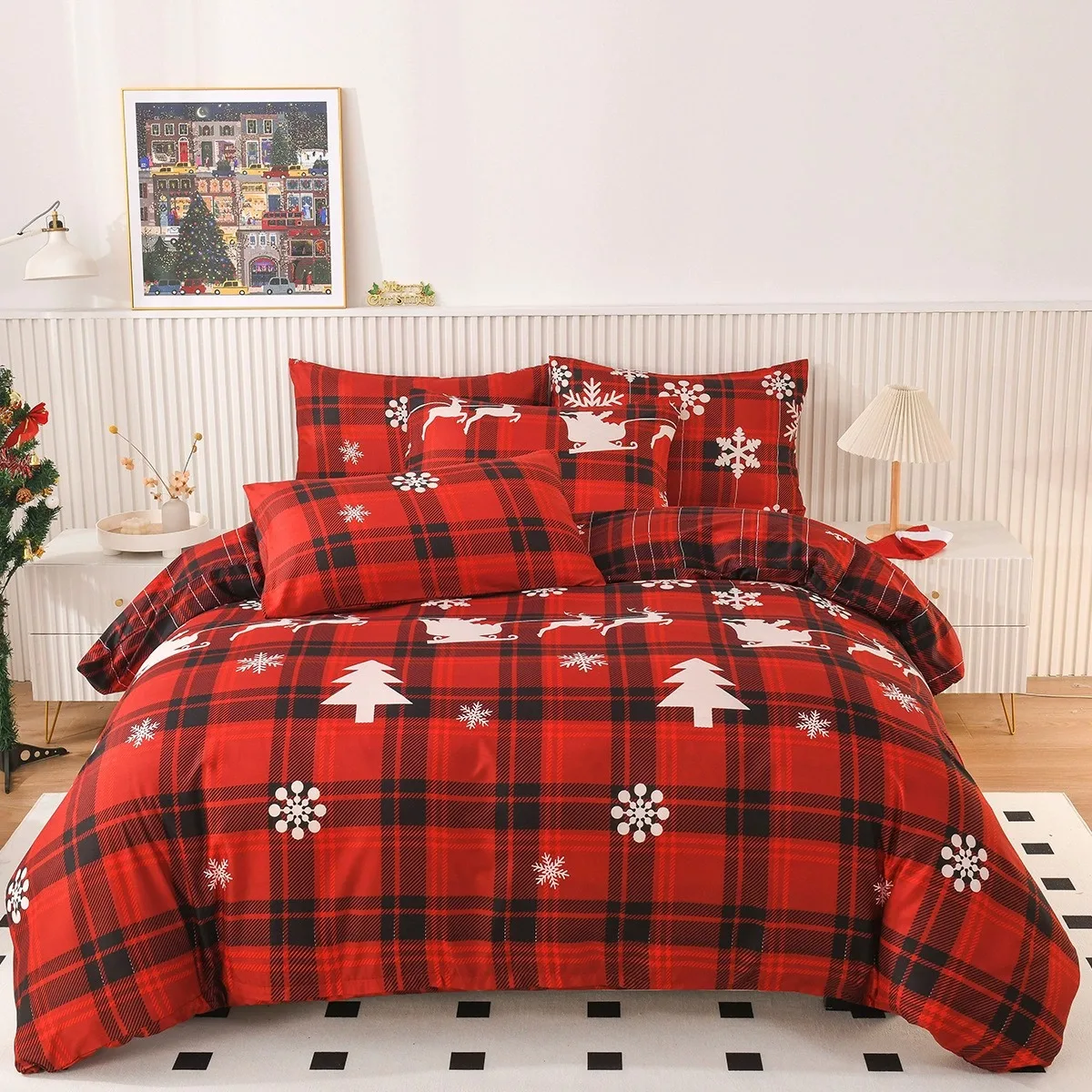 3pcs Merry Christmas Bedding Set Breathable Red Duvet Cover King Queen Twin Single Size Bedroom New Year Christmas Decoration