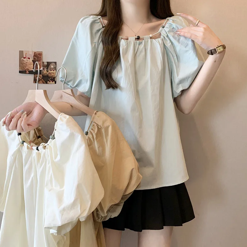 

Fashion O-Neck Blouse for Women 2024 Summer New Elegant Puff Short Sleeve Solid Color Shirt Korean Style Loose Top