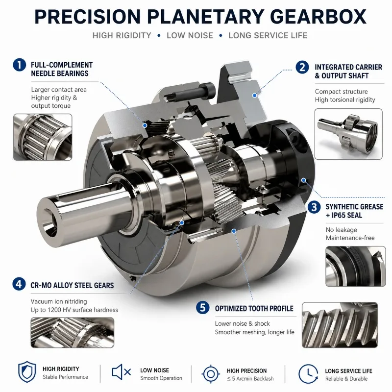 HD Precision Helical Planetary Gearbox Integrated Carrier Flange Needle Roller Bearing Low Backlash IP65