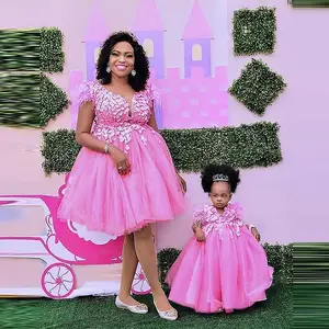 Lovely Pink Mother And Daughter Birthday Dresses For Photo Shoots One Shoulder Tulle Party Gowns Mom Me Family Look