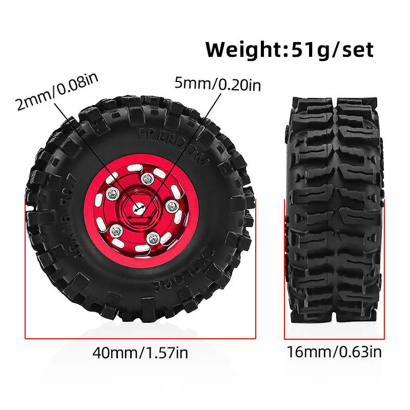 4PCS 40mm Metal Deep Dish Beadlock Wheels & Tires for 1/30 SCX30 Ascent-32 RC Crawler Car, Upgrade Parts Accessories