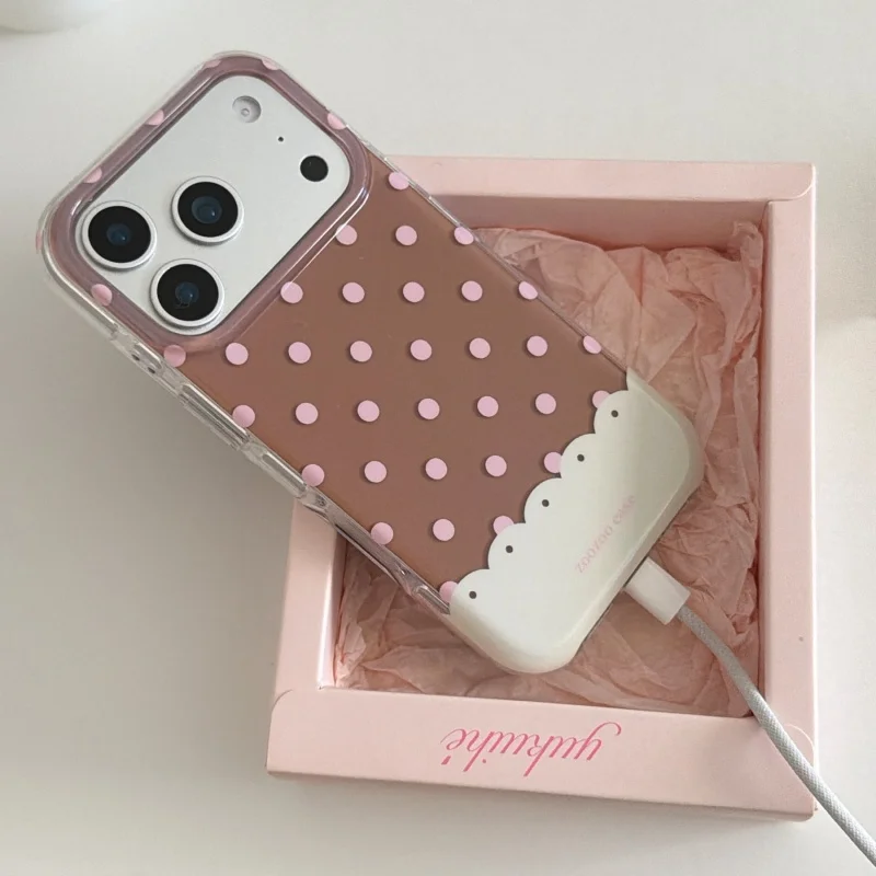 Dustproof Stitching Pink-Brown IMD Phone Case for iPhone 17, 16, 15, 14, 13, Pro, Promax