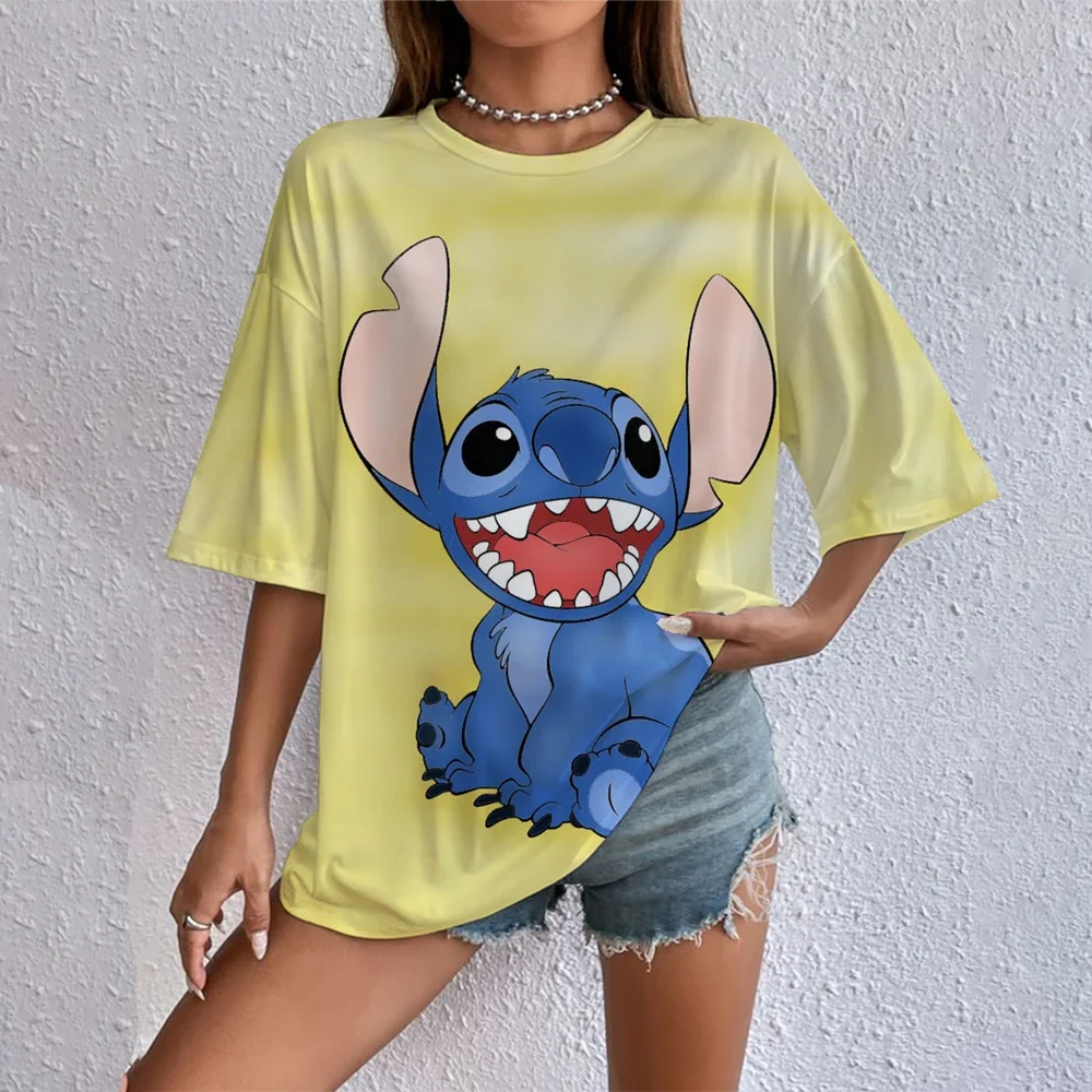 

Disney 2025 Kawaii Lilo Stitch Print T-shirts Tops Women Lady Summer Children T-shirts Casual O-neck Ohana Stitch T-shirts