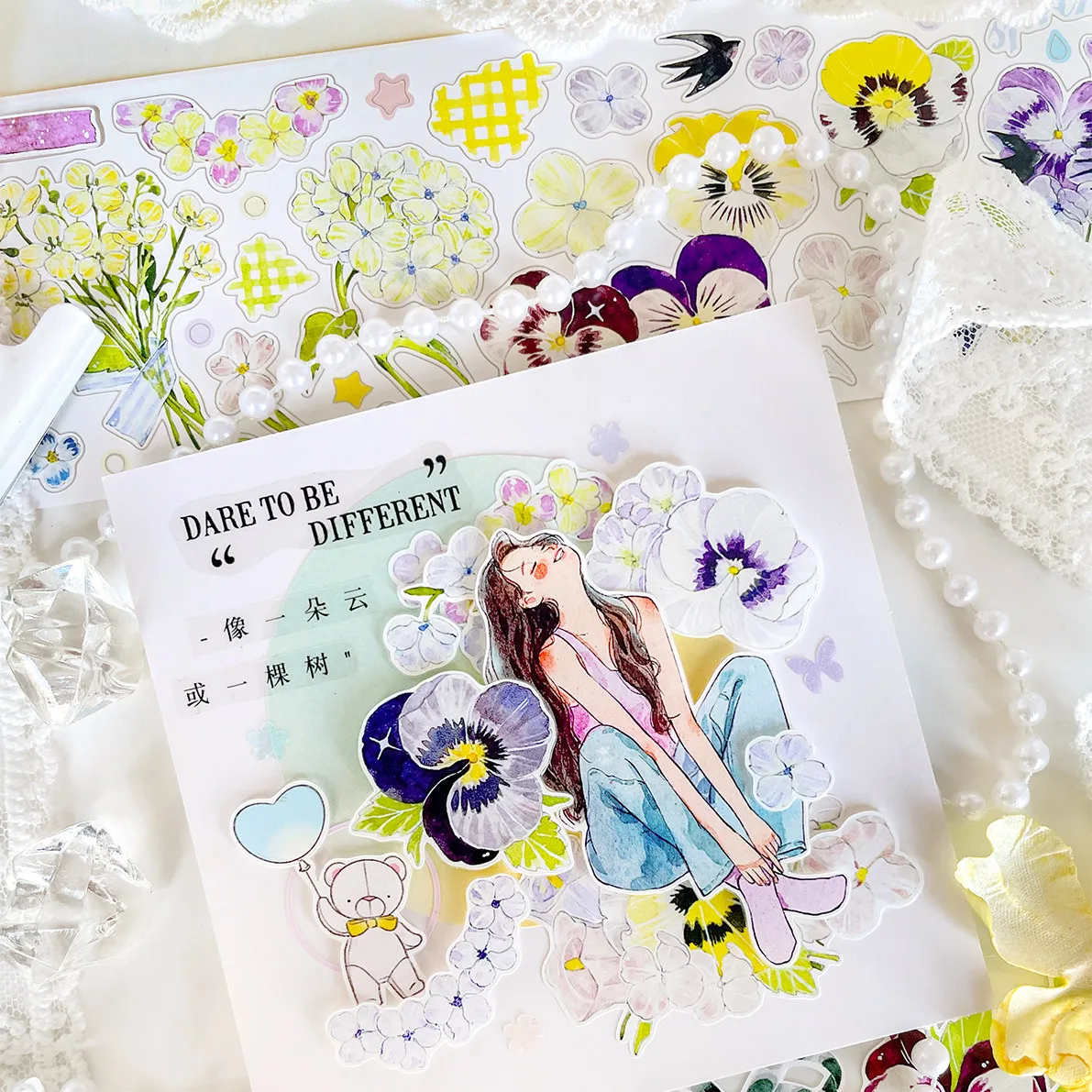 New Pre Cut Flower Milk Cream Small Pansy White Yellow Purple Light Retro Journal Washi Tape Pre Cut Stick