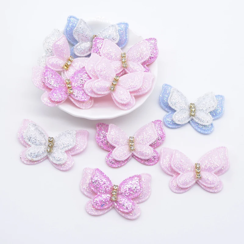 10 sztuk 44*30mm Bling podwójne motylkowe aplikacje na ubrania kapelusz buty naszywki do szycia DIY nakrycia głowy spinki do włosów kokarda akcesoria dekoracyjne