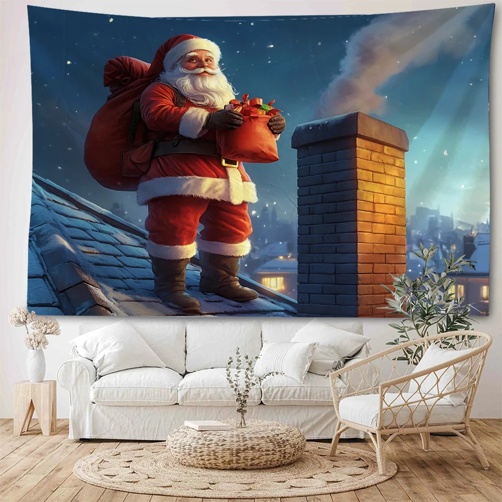 في عشية عيد الميلاد، سانتا كلوز يوزع الهدايا بشكل نشط للأطفال. سانتا كلوز توصيل هدايا للأطفال من المدخنة