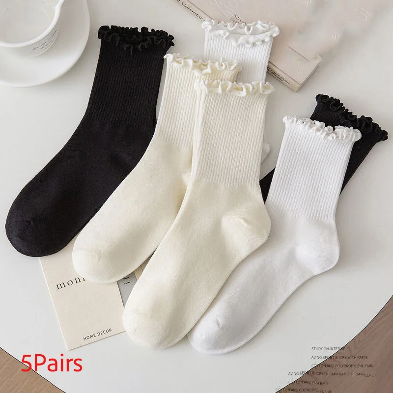 5 Pairs/Lot Cute Socks For Women New Japanese Style Breathable Girls Short Socks Kawaii Solid Socks Frilly Ruffle Socks Casual