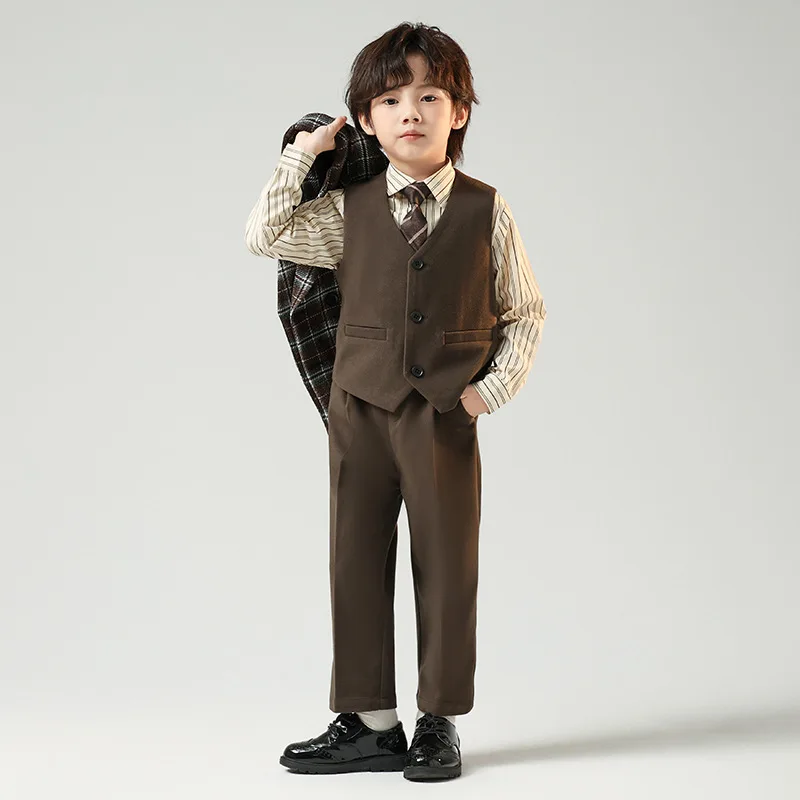 Children Boys Autumn Winter Plaid Suit Kids Boys Wedding Piano Performance Birthday Party Photography Costume Formal Blazer Suit