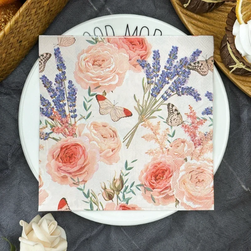 20Pcs 2Ply 33cm Pink Floral Napkins Rose Lavender Butterfly Disposable Paper Napkins for Wedding Bridal Shower Party Decor