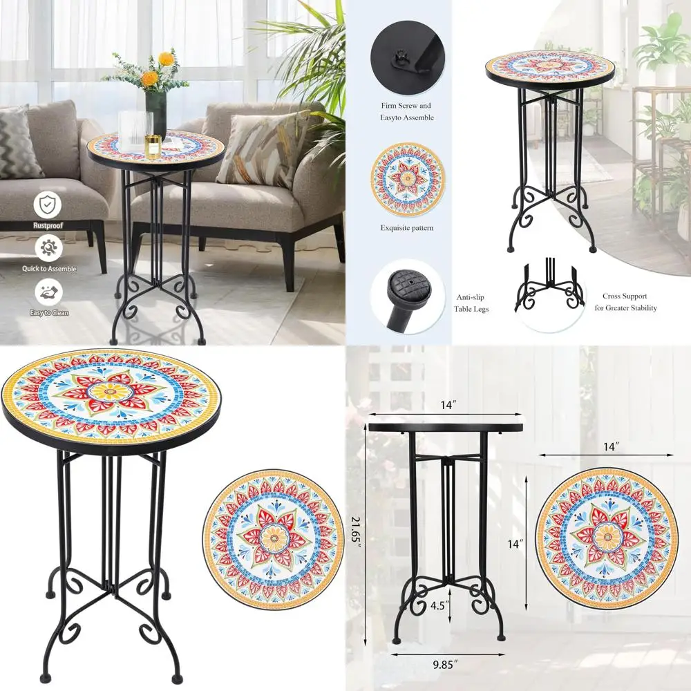 

Round Outdoor Side Table with 14 Rustproof Ceramic Tile Top for Patio, Garden, Living Room, Bistro, and Balcony in Orange