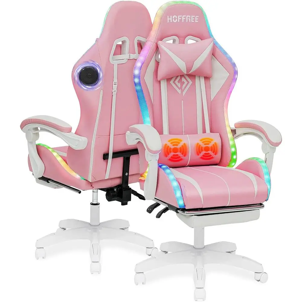 Ergonomic Bluetooth Gaming Chair with LED RGB, Massage & Lumbar Support in Pink & White