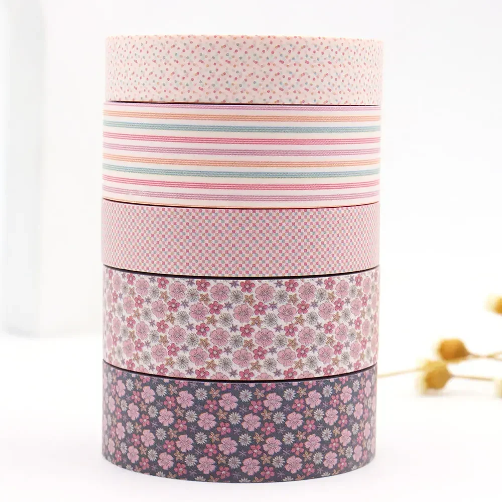 5PCS 15mm*10M Pink Colorful Stripes Flowers Floral Decorative Washi Tapes Scrapbooking Masking Tape stationery tape sticker