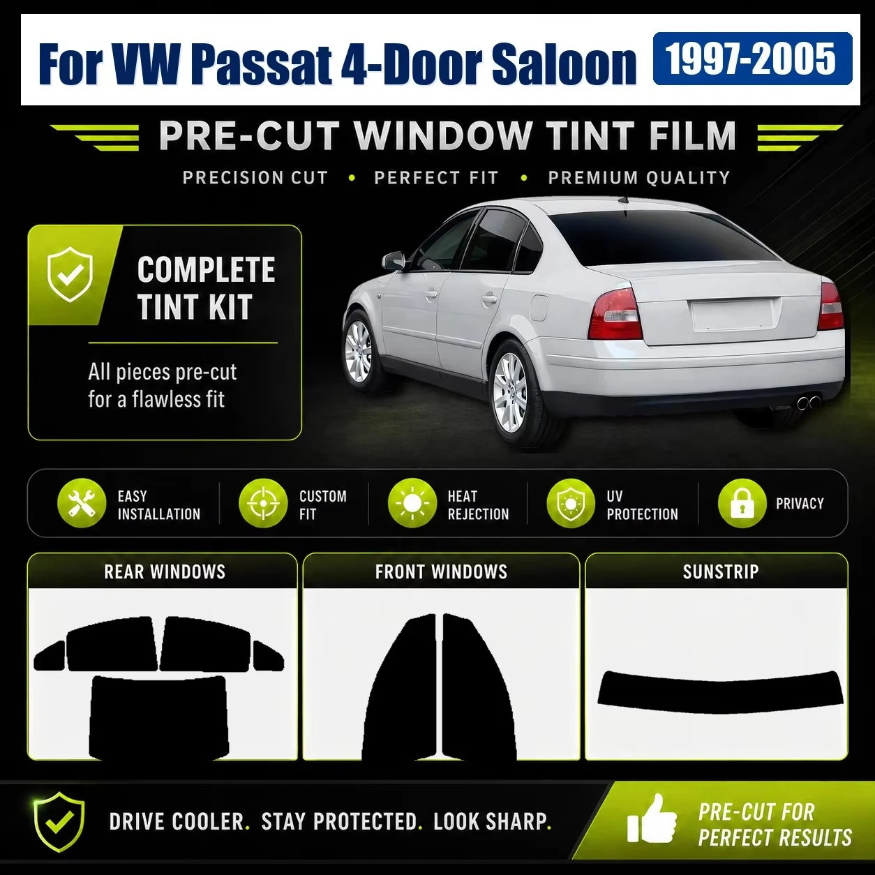 For VW Passat 4-Door Saloon 1997-2005 Tailored Window Tint Film, Front & Rear Windows UV Heat Block Anti-Glare Privacy Film
